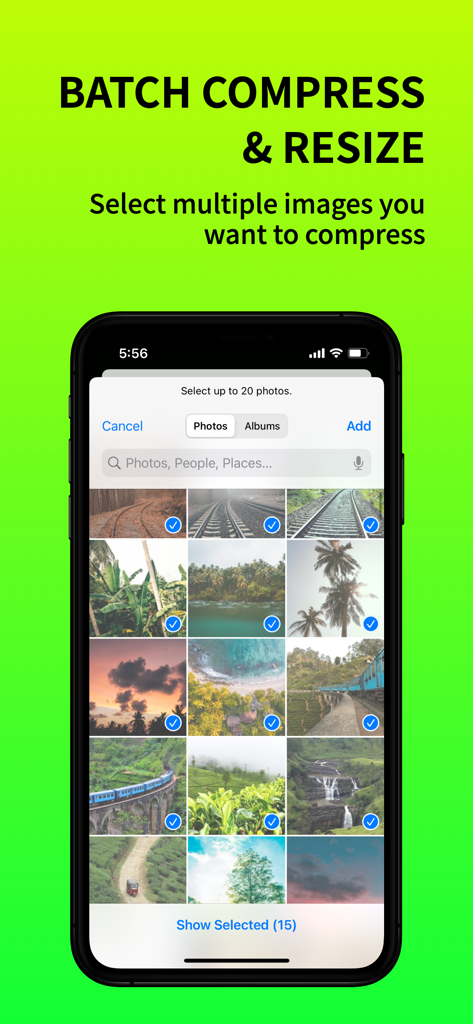 Photo Compress - iPhone App-Bildschirm, der mehrere für Stapelkomprimierung und Größenänderung ausgewählte Fotos anzeigt