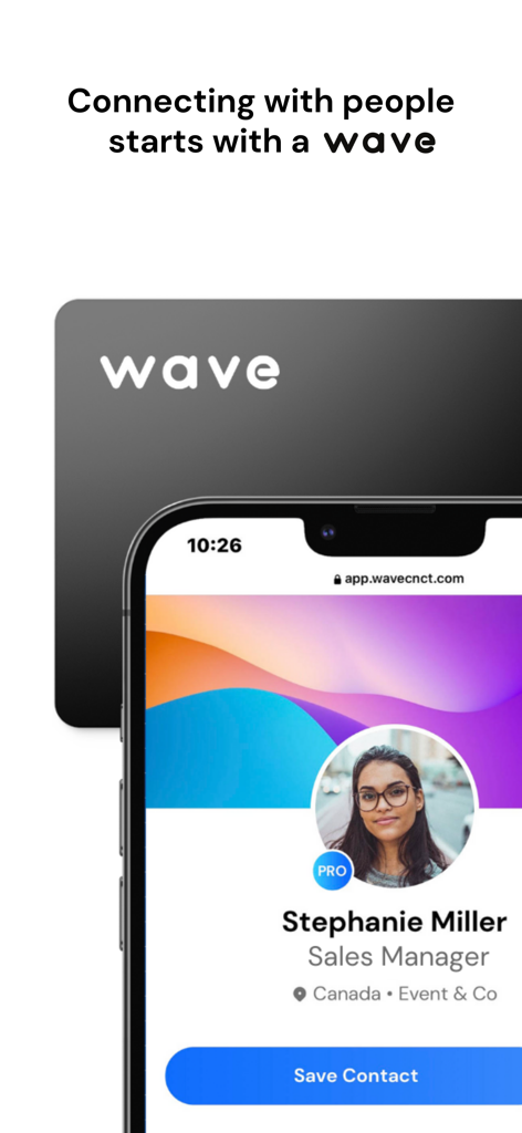 Wave: Digital Business Card - Smartphone displaying a professional digital business card profile from the Wave app