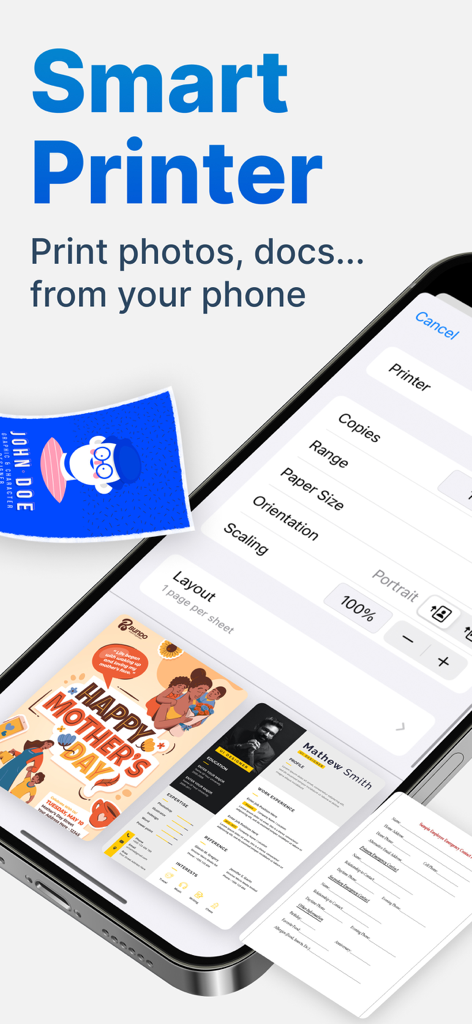 Smart Printer App: Scan Print - Tela de smartphone mostrando a interface do App de Impressão Inteligente com configurações de impressão e modelos de documentos