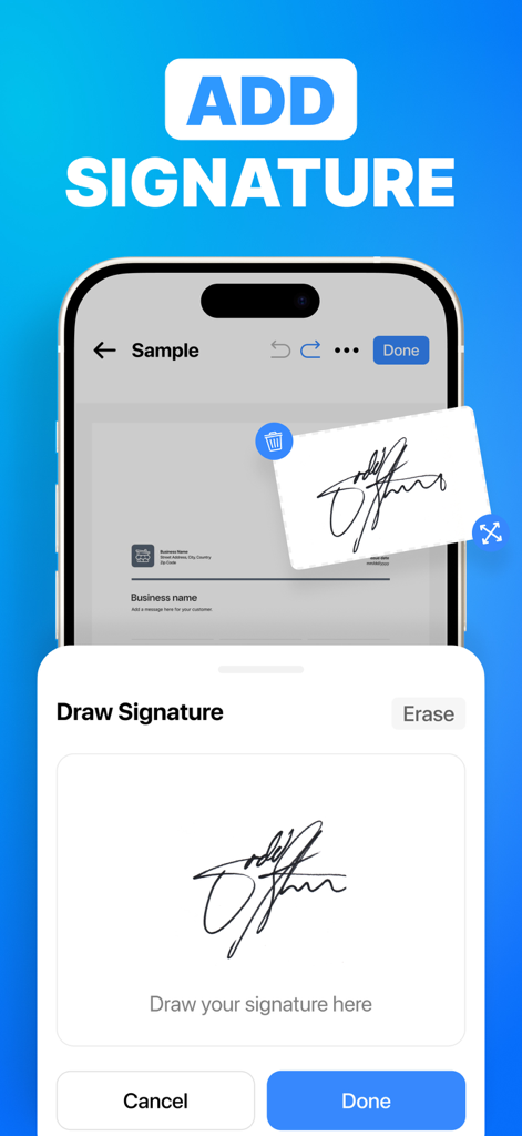 eSign - Fill & Sign Form Docs - Oberfläche der mobilen App, die die Funktion zum Zeichnen einer Signatur für digitale Dokumente zeigt