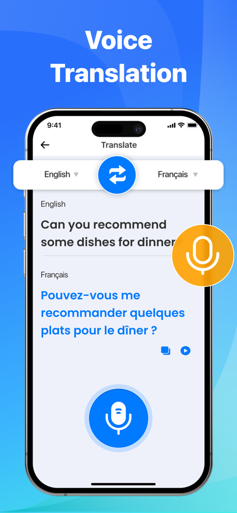 Voice Translator app interface showing English to French speech translation