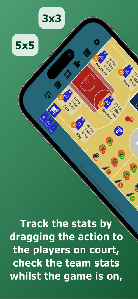 Basketball Stats Assistant - Mobile screen showing live basketball player stats and drag and drop tracking system on a digital court
