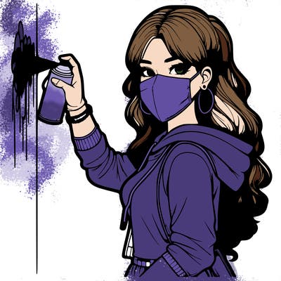 realistic girl with mask spray painting a wall