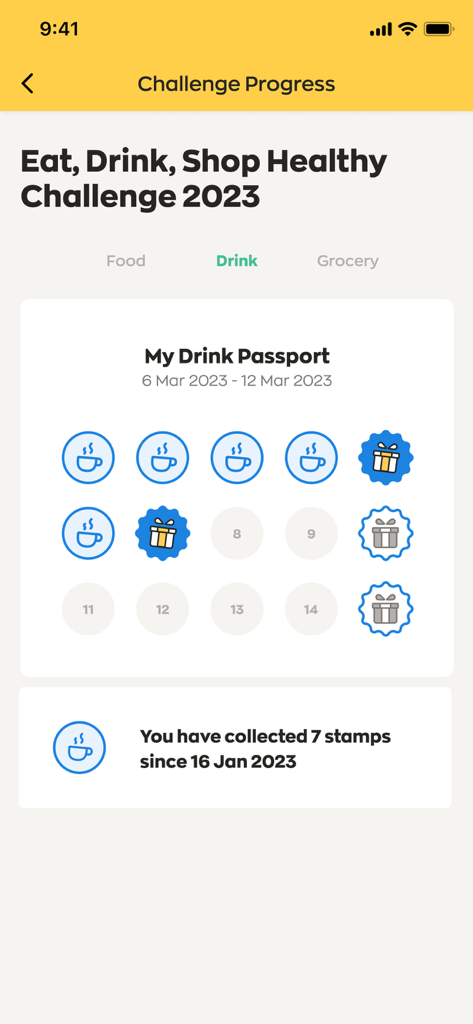 Healthy 365 - Healthy 365 app screenshot showing the drink passport and collected stamps for the Eat Drink Shop Healthy Challenge.