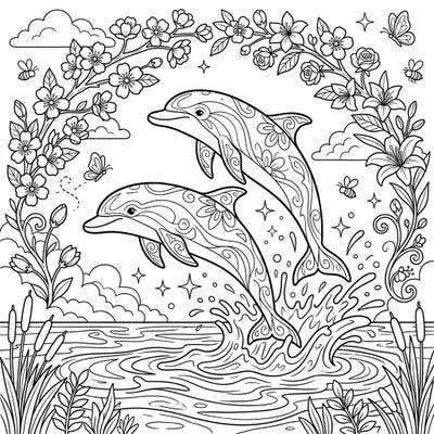 Leap into the beauty of spring with this exquisite jumping dolphins coloring page. Adorned with intricate patterns and surrounded by blossoming flowers, it promises hours of creative joy.