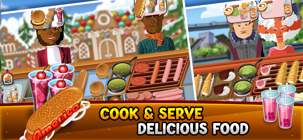 Captura de pantalla del juego de Hot Dog Bush Food Truck mostrando cocina y sirviendo comida a clientes