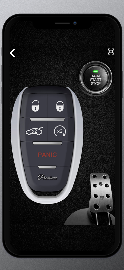 Keys and engine sounds of cars - Mobile app interface showing a realistic car key fob with remote buttons and an engine start stop button on a leather background