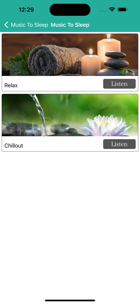 Screen showing relax and chillout music categories with listen buttons and peaceful images