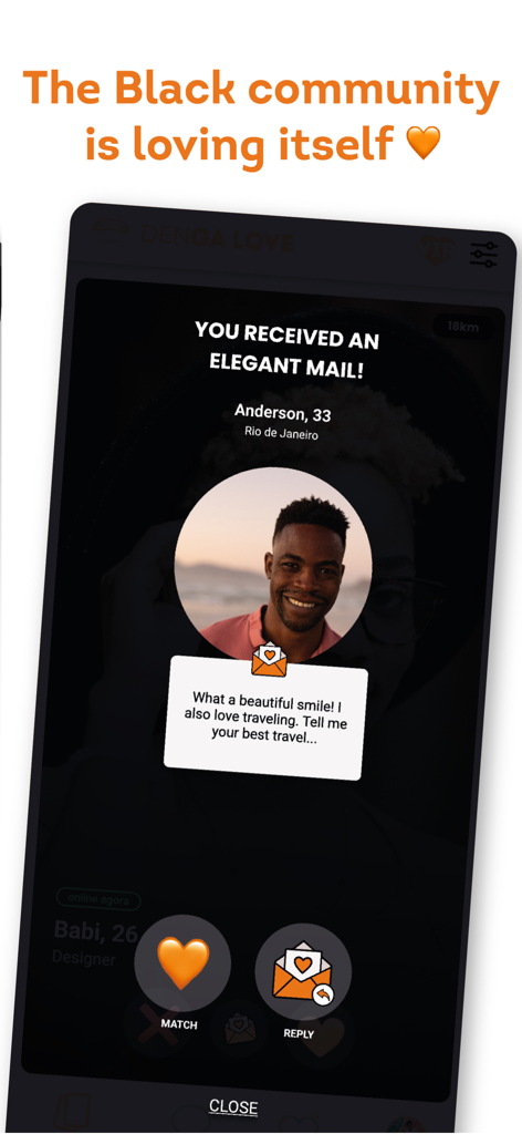 Interface do aplicativo de namoro Denga Love, mostrando uma mensagem e o perfil de um usuário