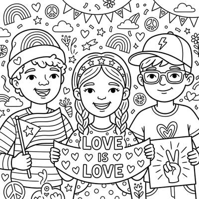 Join three happy children as they proudly celebrate diversity and love in this heartwarming coloring page. Filled with iconic Pride symbols like rainbows and flags, it's perfect for a fun and meaningful coloring session.