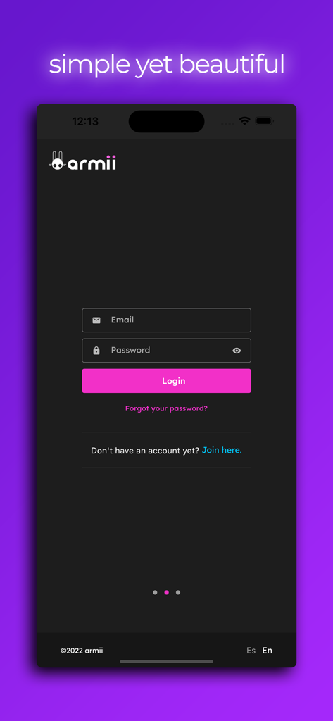 Armii - Login interface of the Armii app featuring email and password input fields on a dark theme