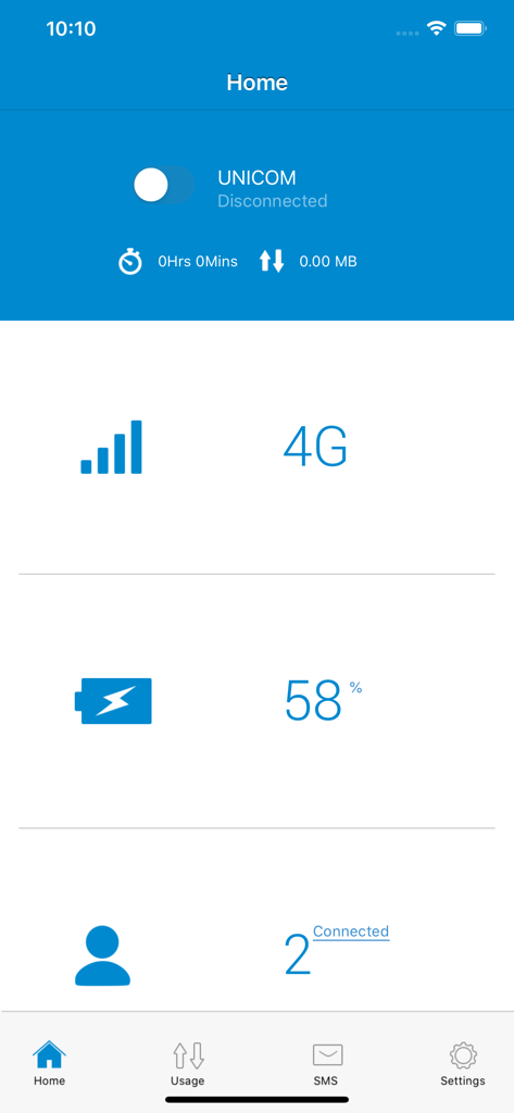 ALCATEL LINK APP - Alcatel Link App home screen showing 4G signal strength battery percentage and number of connected devices