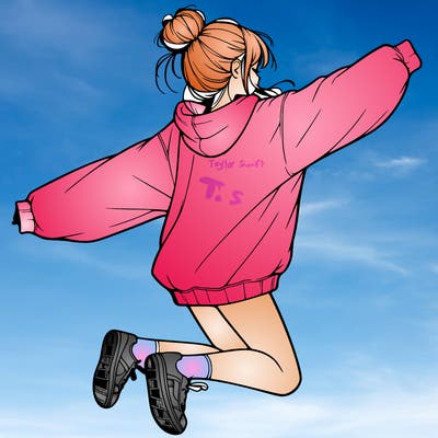 realistic girl jumping with a bun and oversized sweatshirt