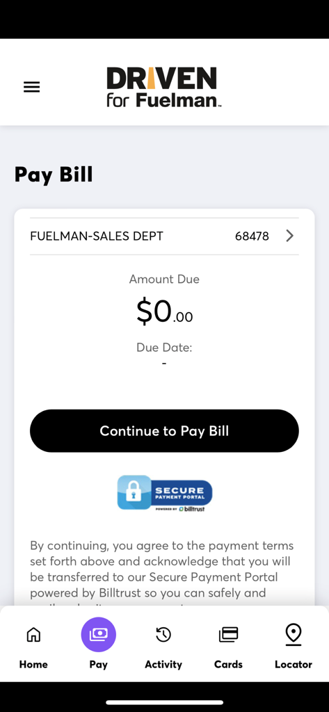 DRIVEN FOR FUELMAN® - A screenshot of the DRIVEN for Fuelman app showing the Pay Bill interface with invoice details and a secure payment link