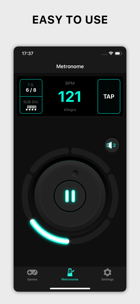 Metronome Pro app main screen showing 121 BPM and 6-8 time signature settings