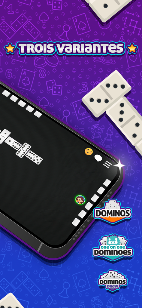 Dominoes - Classic Board Game - Uno smartphone che mostra tre diverse varianti del gioco domino su sfondo viola.