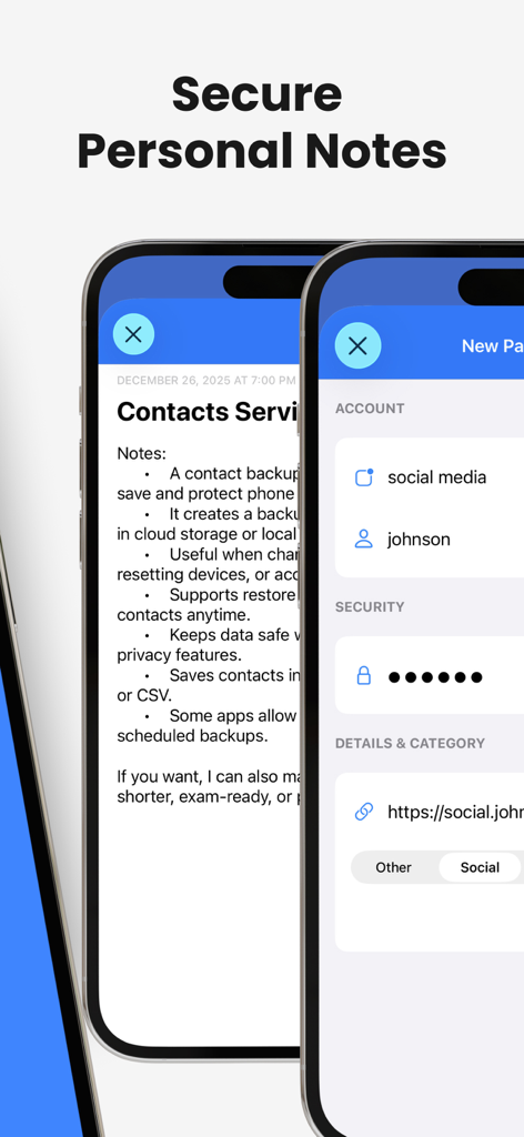 Interface showing secure personal notes and account security settings within the app