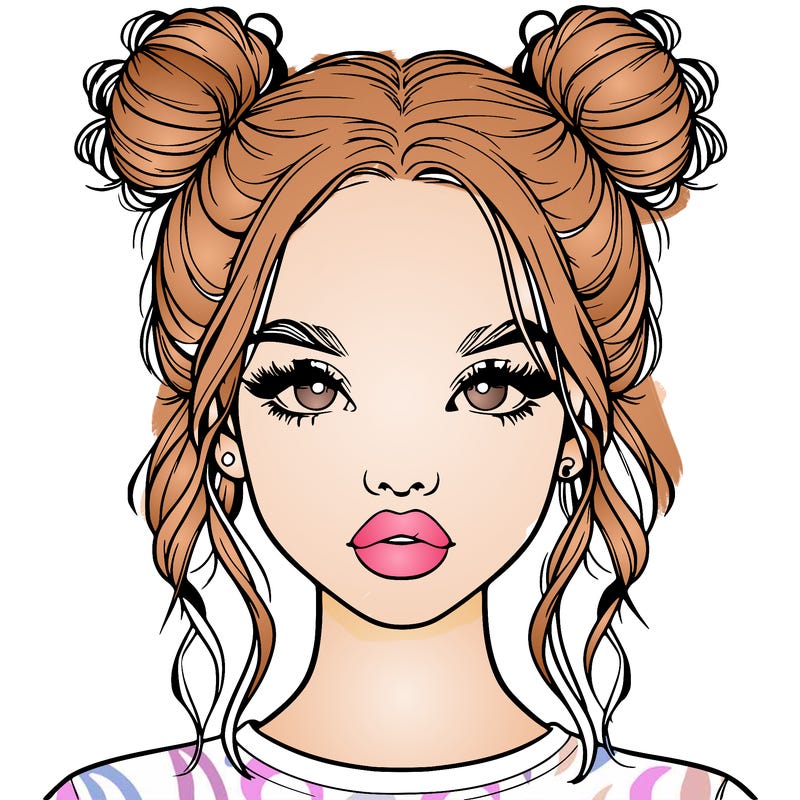 realistic girl with two buns in hair and lips