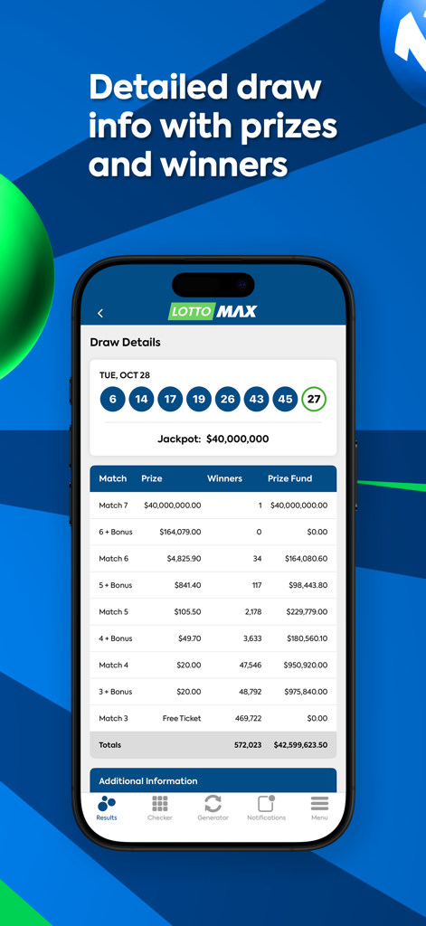 Interfaz de la app Lotto Max mostrando los números ganadores y una tabla detallada del desglose de premios para un sorteo