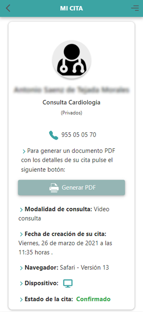 Captura de pantalla de una cita confirmada de consulta por video de cardiología que muestra la fecha, hora y estado en la aplicación del Hospital San Agustín