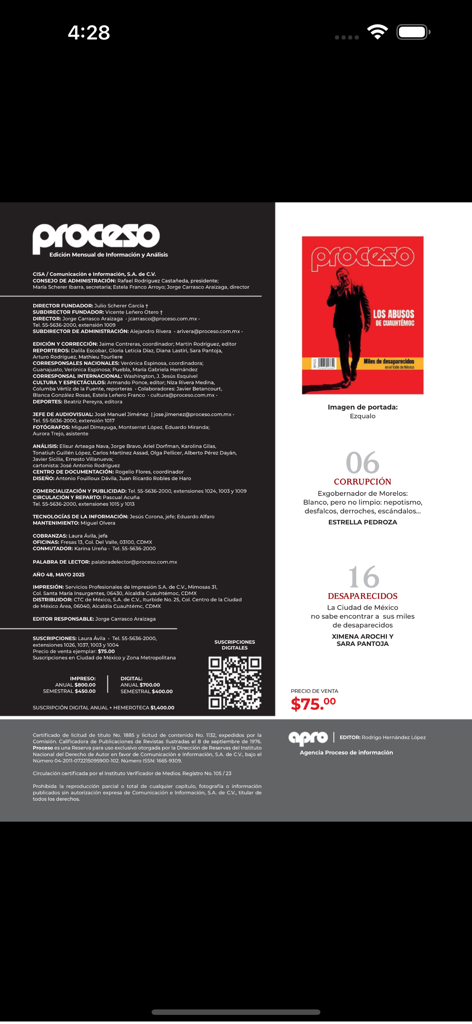 Digital editorial page of Revista Proceso magazine featuring staff information and article highlights on corruption
