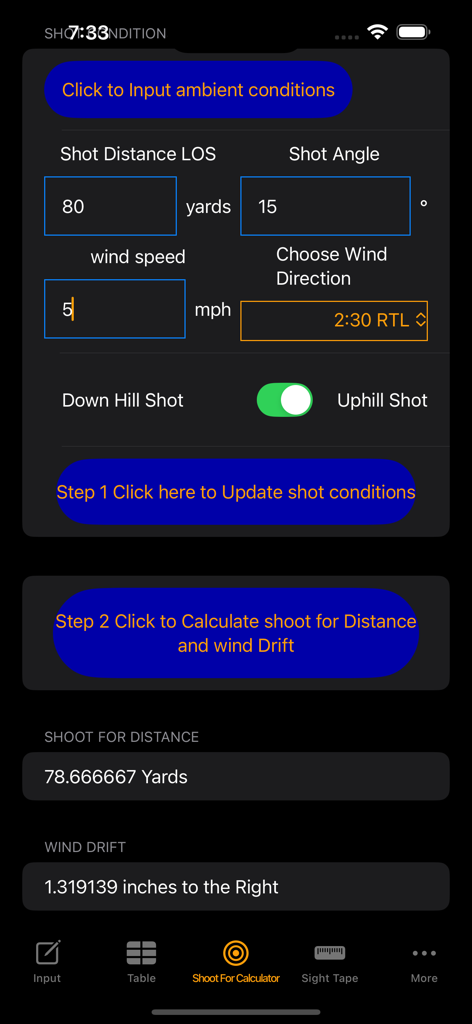 PRO Archery Ballistics - PRO Archery Ballisticsアプリのインターフェース。射撃距離と風のずれのデータが表示された射撃計算機を表示しています。
