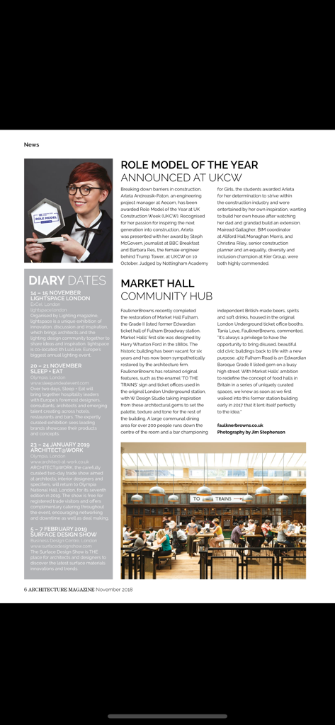 A digital page of Architecture Magazine showing news articles about role models and community hubs alongside a diary of industry events.