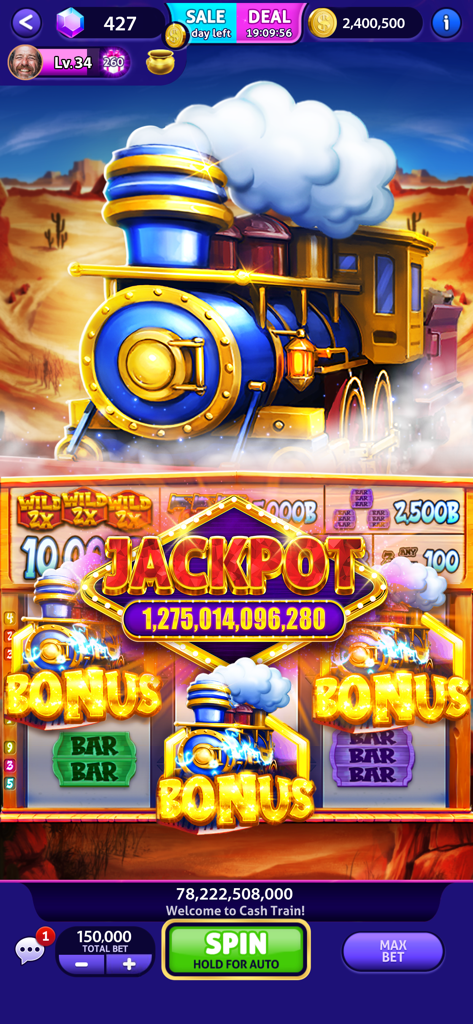 Screenshot of the Cash Train slot machine in Club Vegas Slots with a massive jackpot display and bonus train symbols.