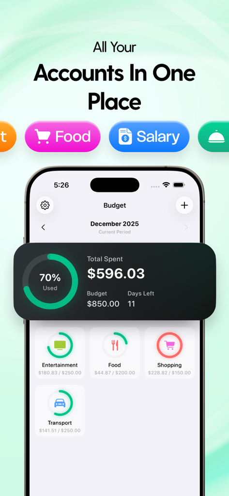 Budget Planner - PocketWealth - Mobile interface of the PocketWealth budget planner showing total spending progress and category tracking for food and entertainment