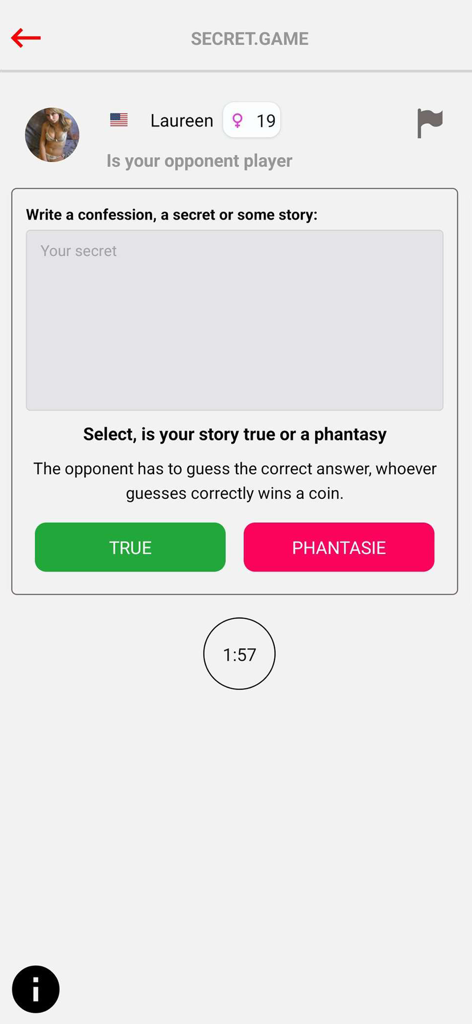 Interfaz de la aplicación Secret.Game que muestra un cuadro de texto de confesión y botones para seleccionar verdadero o fantasía