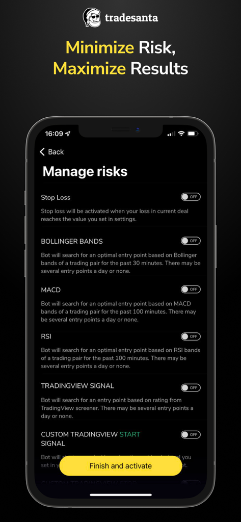 TradeSanta: Crypto Trading Bot - TradeSanta app interface for managing risks with technical indicators like Bollinger Bands and RSI