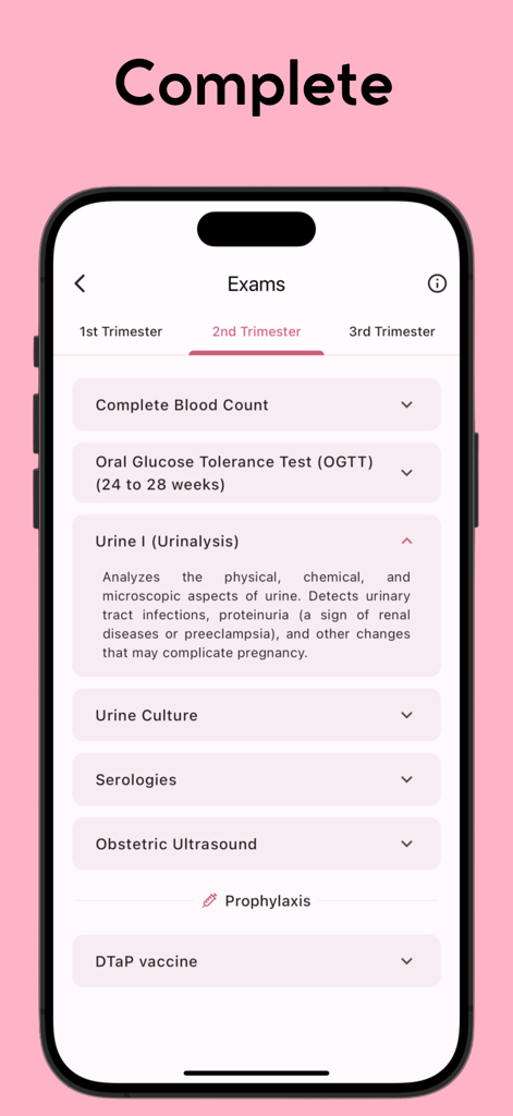 Gestational Age (baby's age) - Medical exams list for second trimester in the Gestational Age app
