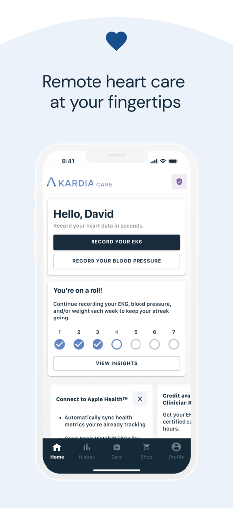 Kardia - Kardia app dashboard with EKG and blood pressure recording buttons