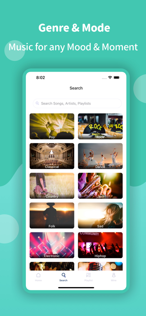 Music Downloader For Mp3 - Interface of a music downloader app showing search options by genre and mood such as Pop, Rock, and Electronic.