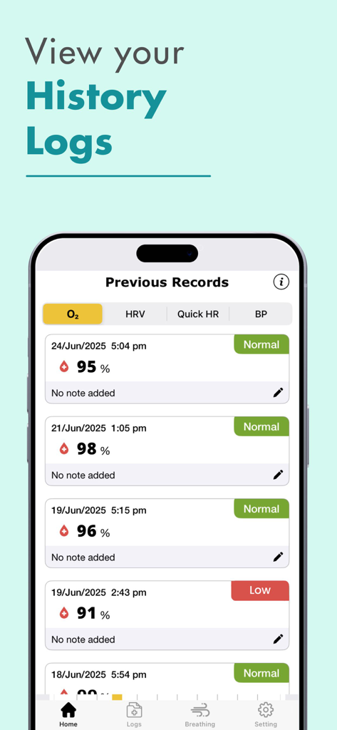 Blood Oxygen App- Watch - Smartphone screen showing a list of historical blood oxygen level readings and status alerts
