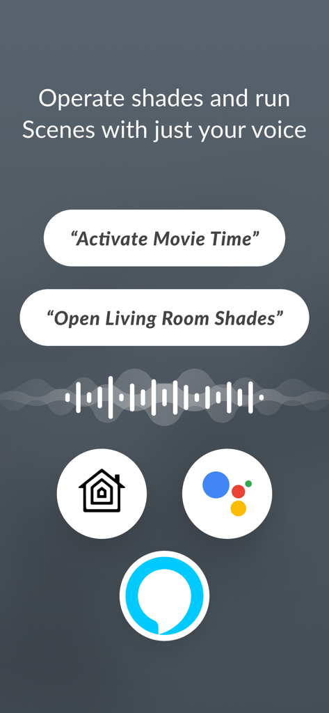 PowerView - PowerView app screen demonstrating voice control for shades using Apple Home, Google Assistant, and Amazon Alexa integration.
