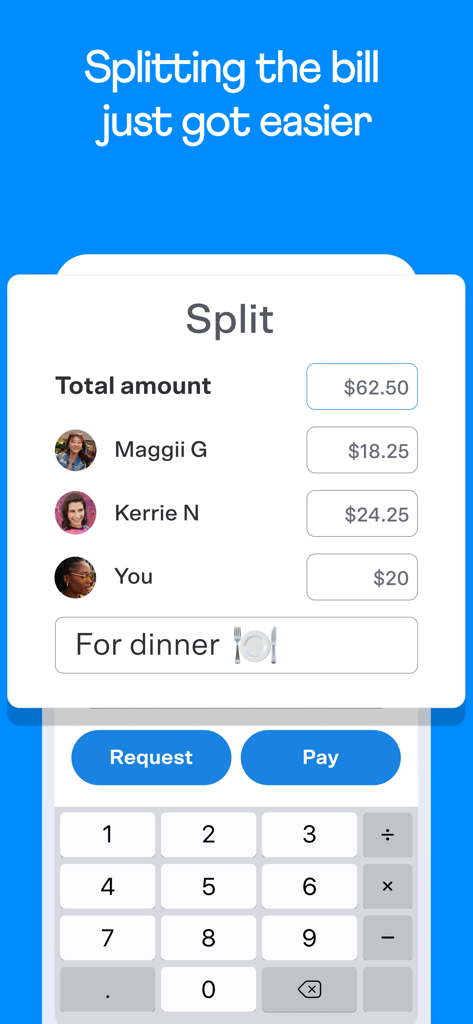 Venmo app screen showing a three-way bill split for dinner with friends