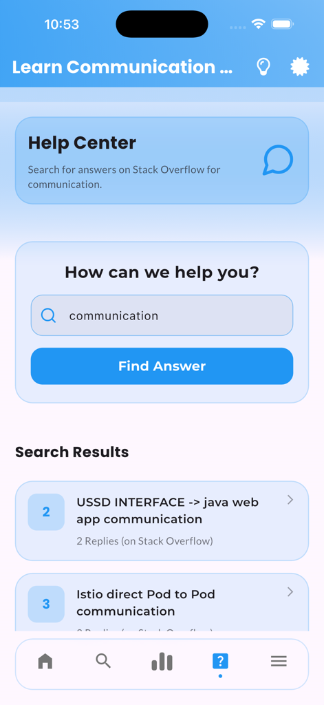 Tela da central de ajuda do aplicativo Learn Communication Skills mostrando uma barra de pesquisa e resultados.