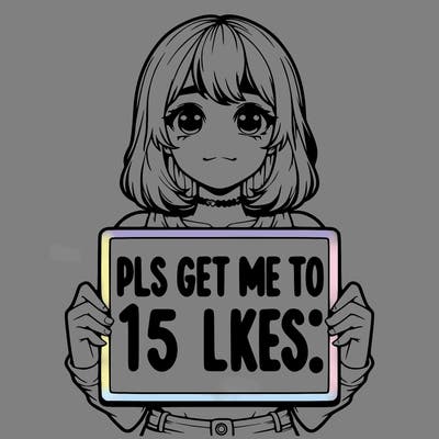 realistic girl holding up a sign that says “pls get me to 15 likes!”