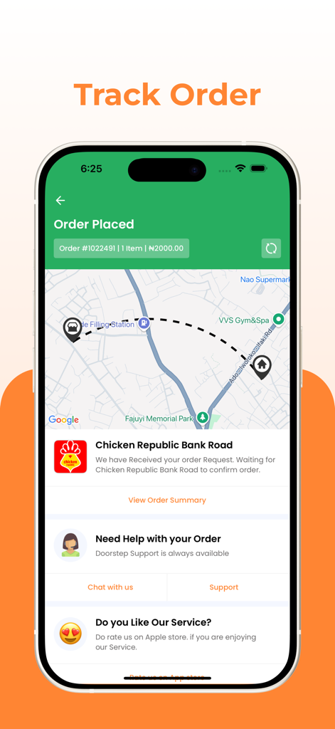 Doorstep Delivery - Doorstep Delivery app interface showing real time order tracking on a map with a delivery route from the restaurant to the destination.