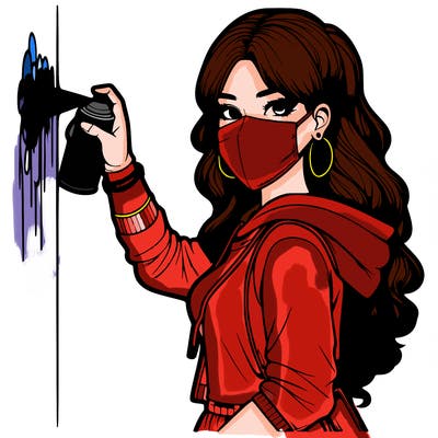 realistic girl with mask spray painting a wall