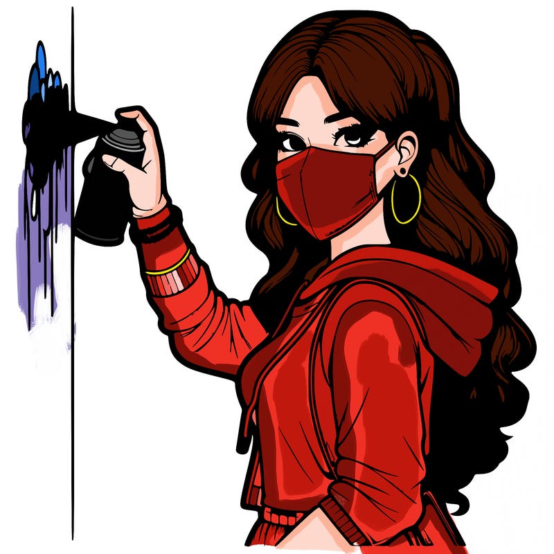 realistic girl with mask spray painting a wall