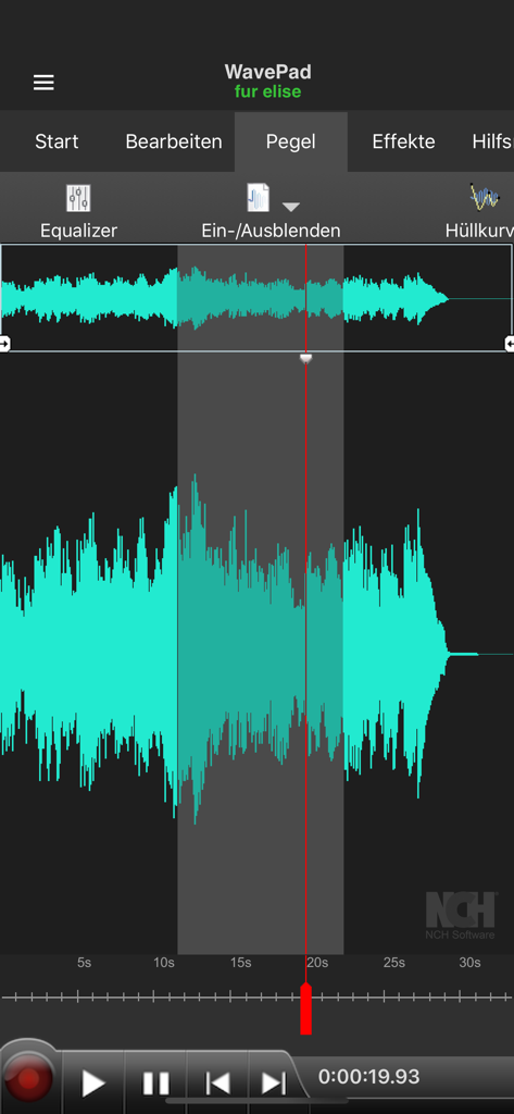 WavePad Musik & Audio Editor - Interfaz de la aplicación WavePad Music and Audio Editor que muestra una forma de onda de sonido de color turquesa.