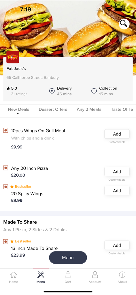 FATJACK'S - FATJACK'S mobile app interface showing the menu with food deals on wings and pizza
