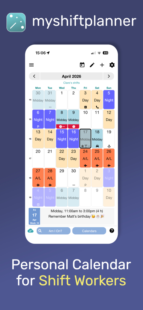 My Shift Planner - Calendar - A color-coded monthly shift calendar for workers showing various shift patterns like day and night rotations