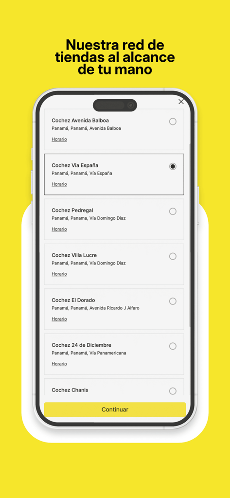 Interfaz de la aplicación móvil Cochez Panama mostrando una lista de selección de sucursales de ferreterías en Ciudad de Panamá.
