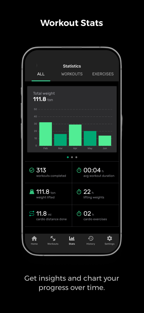 Life Fitness Connect app screen displaying detailed workout statistics and progress charts