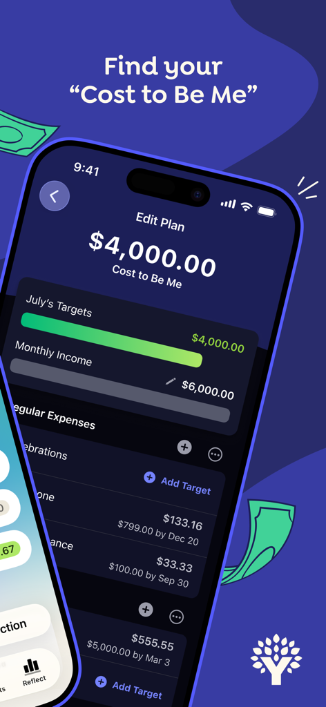 YNAB app interface showing the Cost to Be Me budget calculation and monthly spending targets.