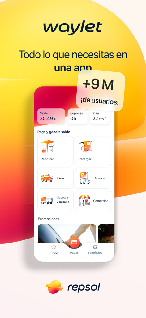 Waylet. Pagos con el móvil - Waylet by Repsol app interface showing mobility services like refueling and parking
