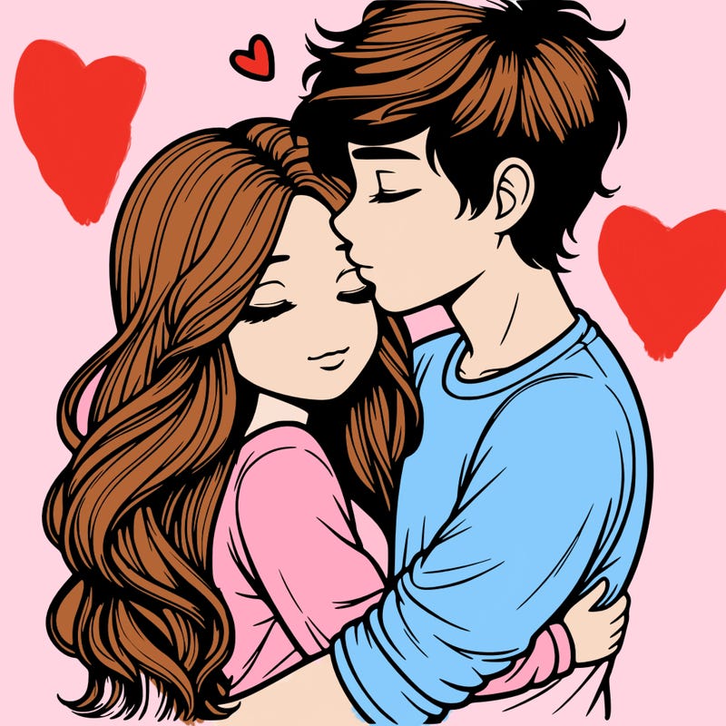 a realistic couple boy and girl hugging and kissing